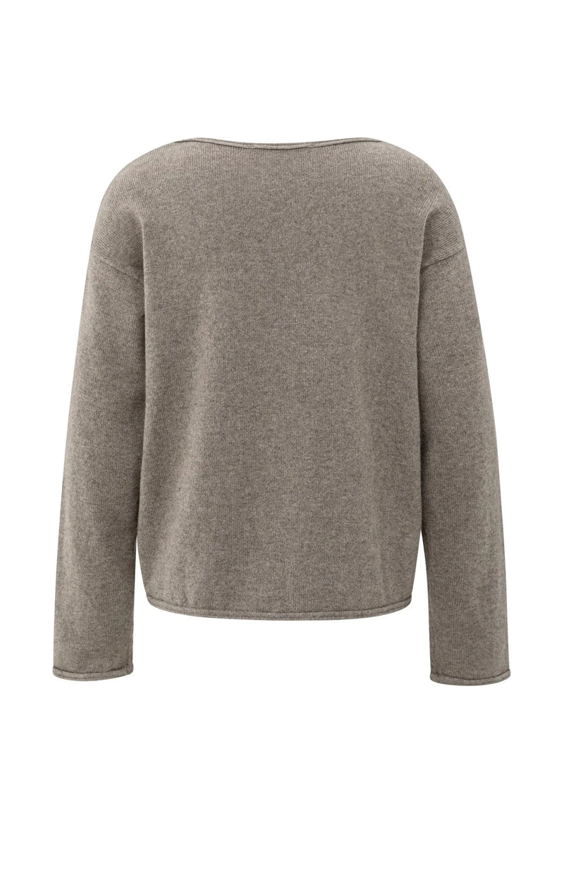 YAYA - Boat Neck Sweater with Refined Decorative Seams in Brown Melange