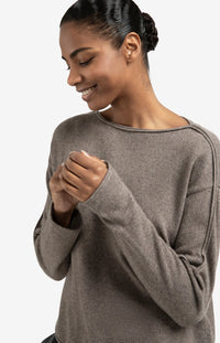YAYA - Boat Neck Sweater with Refined Decorative Seams in Brown Melange