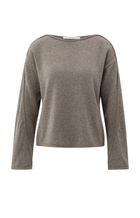 YAYA - Boat Neck Sweater with Refined Decorative Seams in Brown Melange
