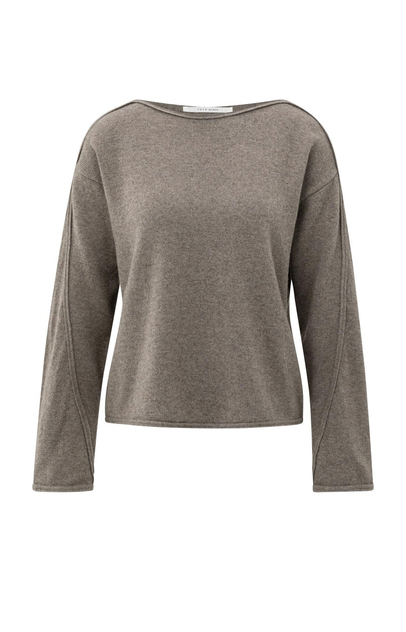 YAYA - Boat Neck Sweater with Refined Decorative Seams in Brown Melange