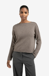 YAYA - Boat Neck Sweater with Refined Decorative Seams in Brown Melange