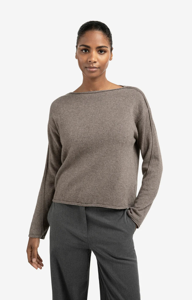 YAYA - Boat Neck Sweater with Refined Decorative Seams in Brown Melange