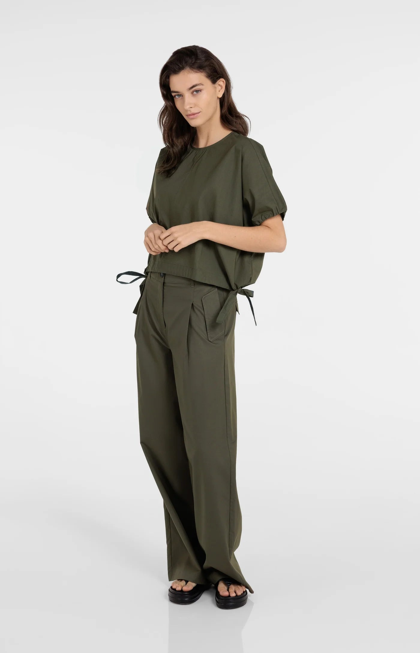 YAYA - Boxy Top with Adjustable Waist in Army Green
