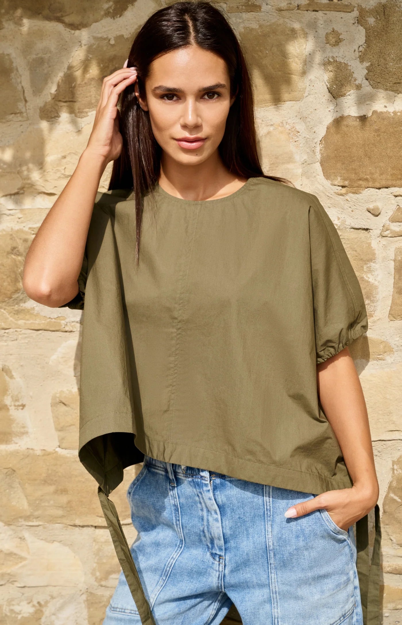 YAYA - Boxy Top with Adjustable Waist in Army Green