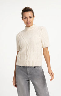 YAYA - Short Sleeve Cable Sweater in Off White Melange