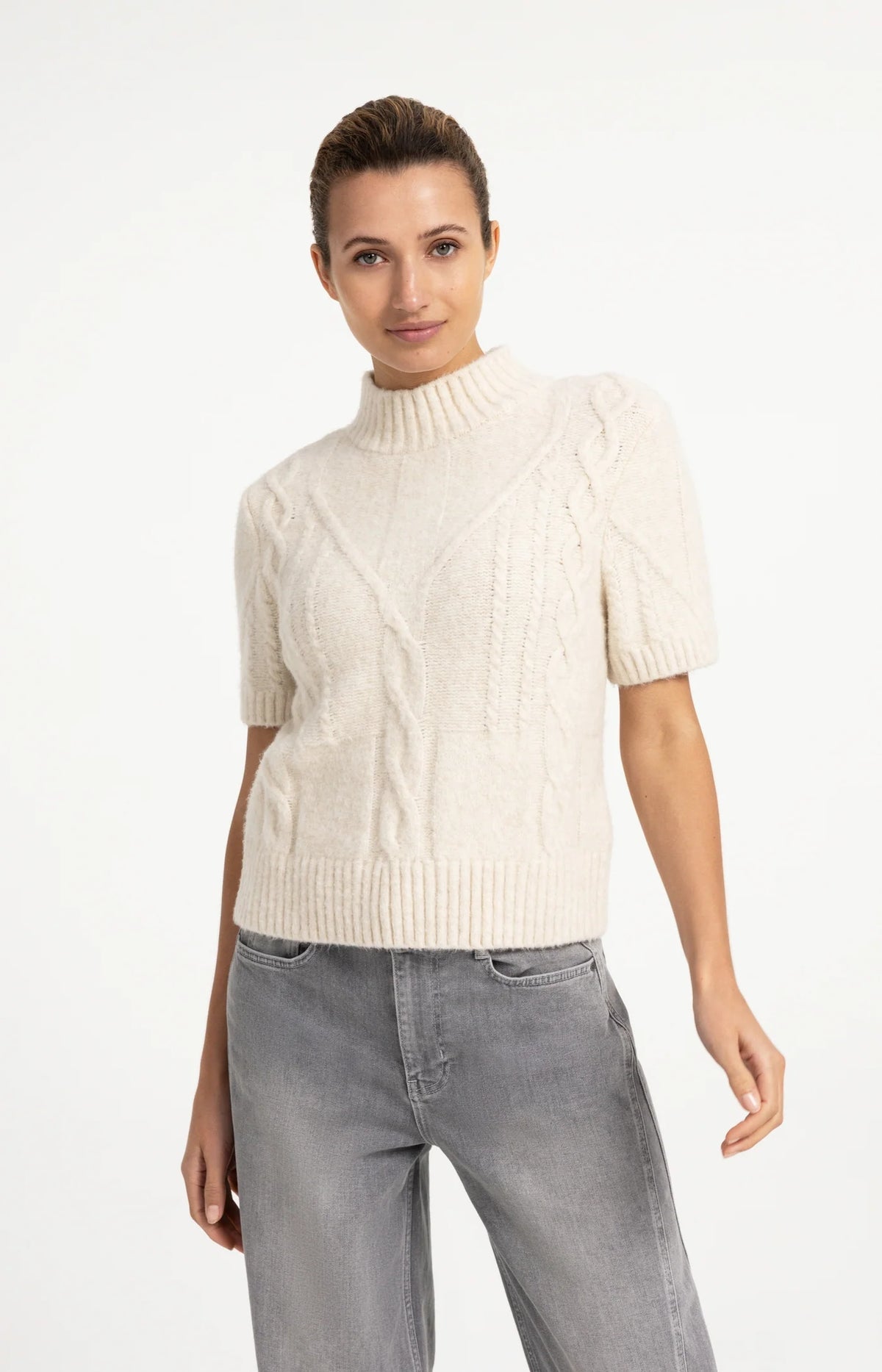 YAYA - Short Sleeve Cable Sweater in Off White Melange