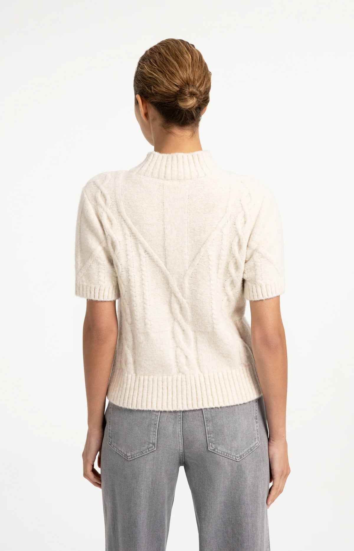 YAYA - Short Sleeve Cable Sweater in Off White Melange