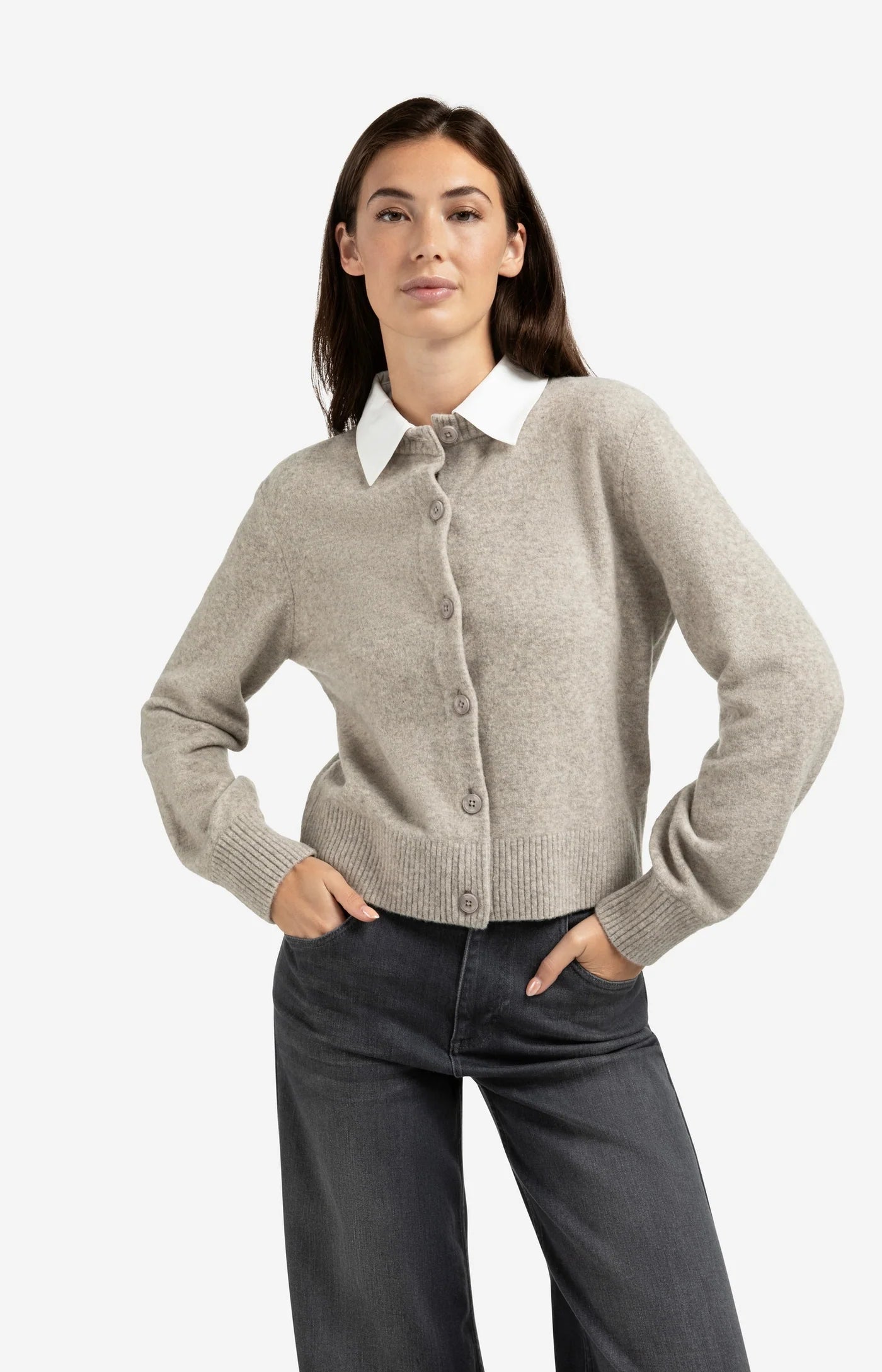 YAYA - Cardigan with Detachable Collar in Brownish Green
