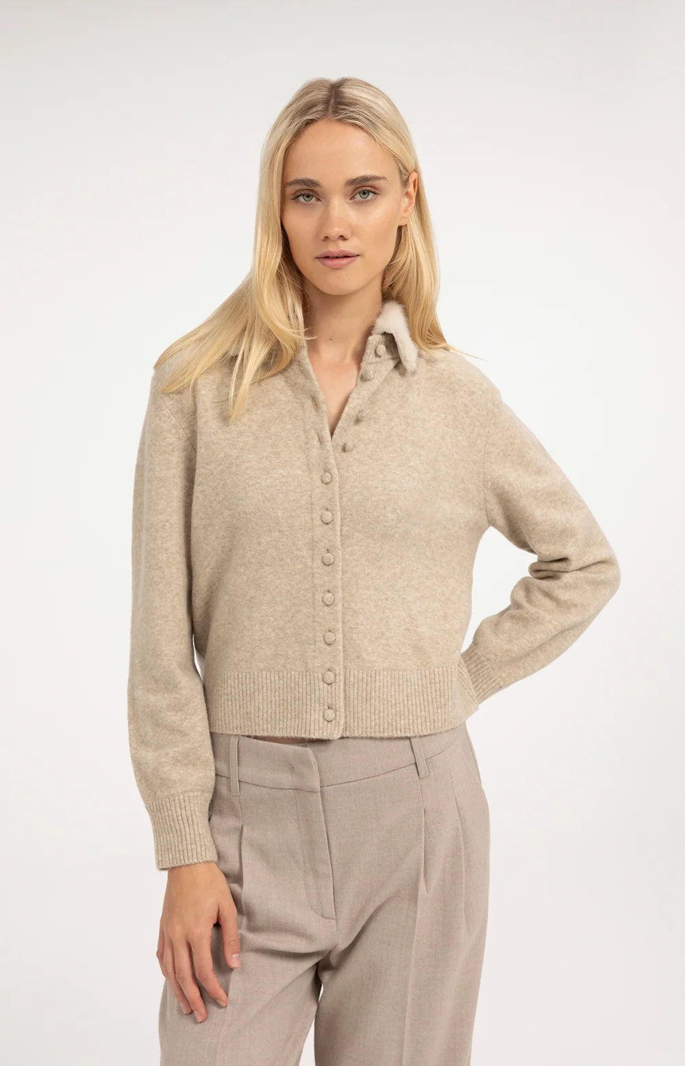 YAYA - Cardigan with Detachable Collar - Light Beige Melange
