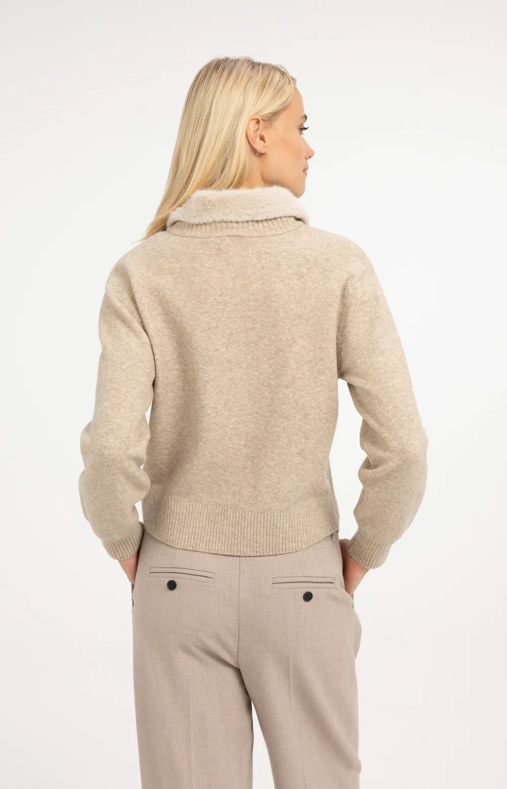 YAYA - Cardigan with Detachable Collar - Light Beige Melange