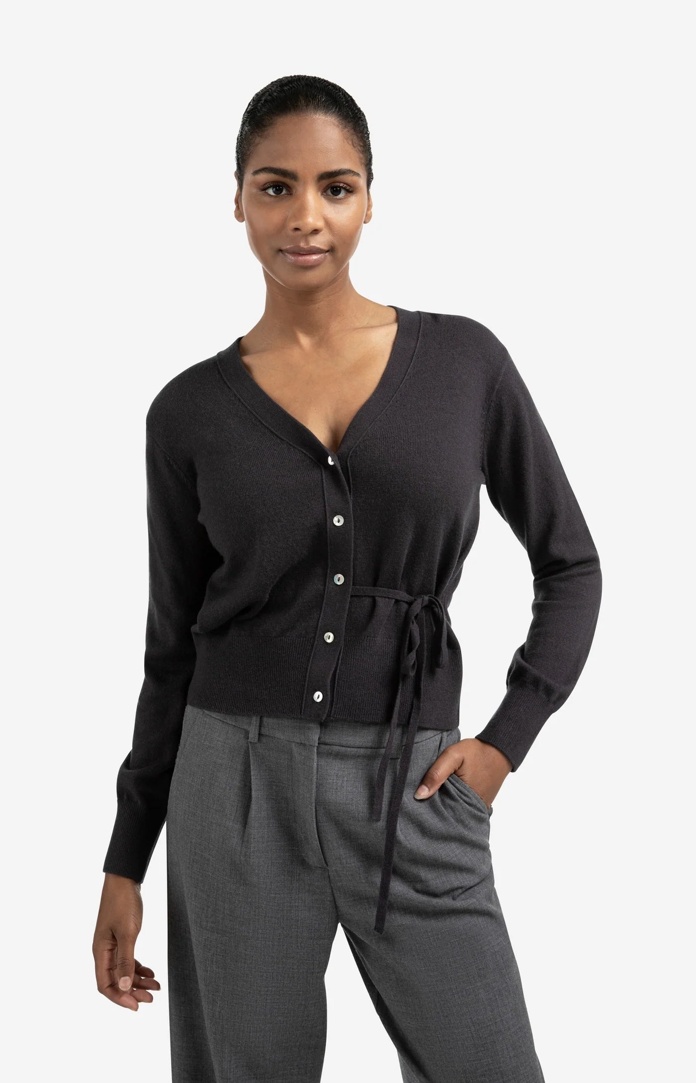 YAYA - Cardigan with Tie waist in Oyster Black