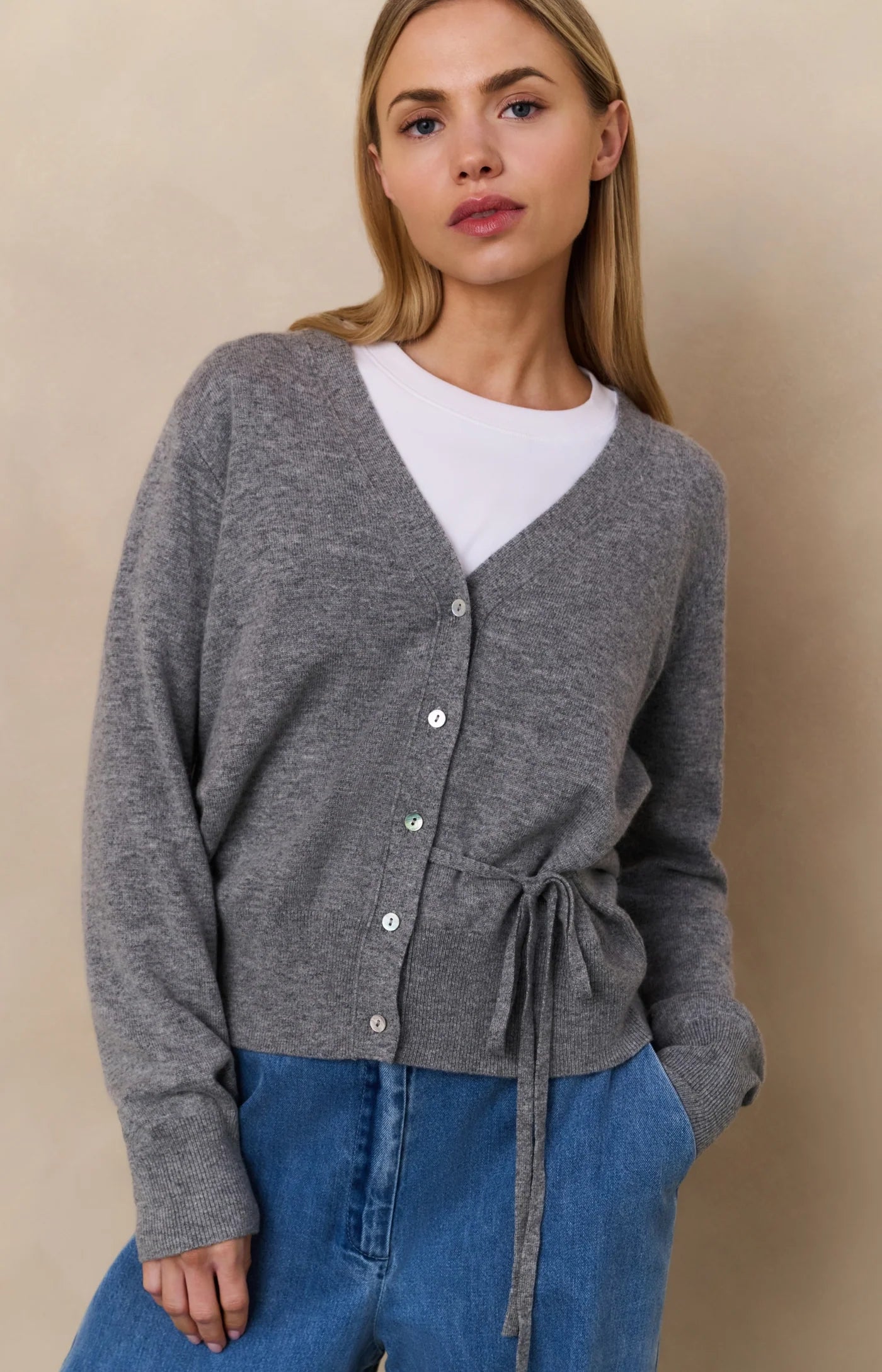 YAYA - Cardigan with tie waist in Medium Grey