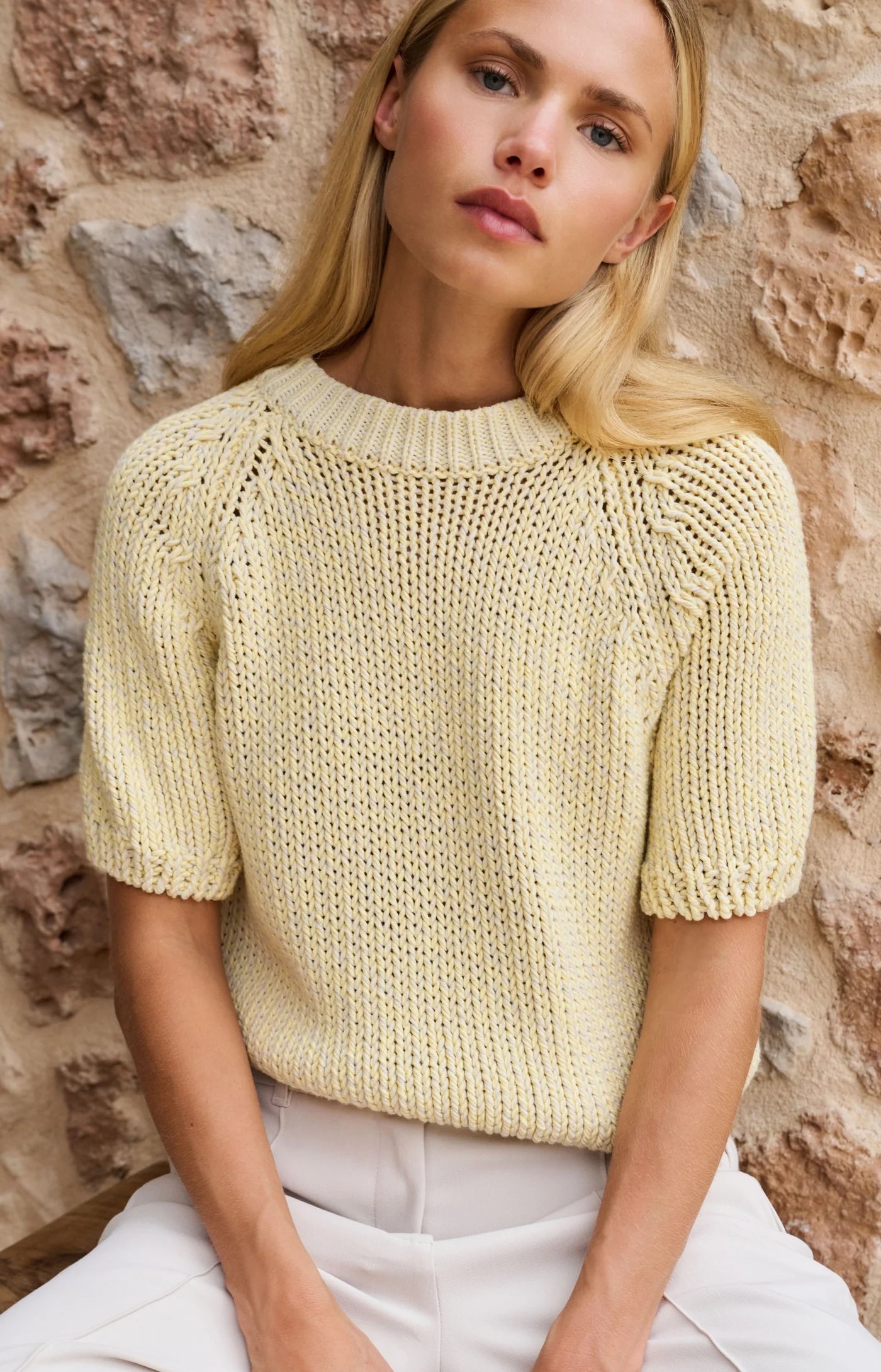 YAYA - Heavy Yarn Short Sleeve Sweater in Reed Yellow Dessin