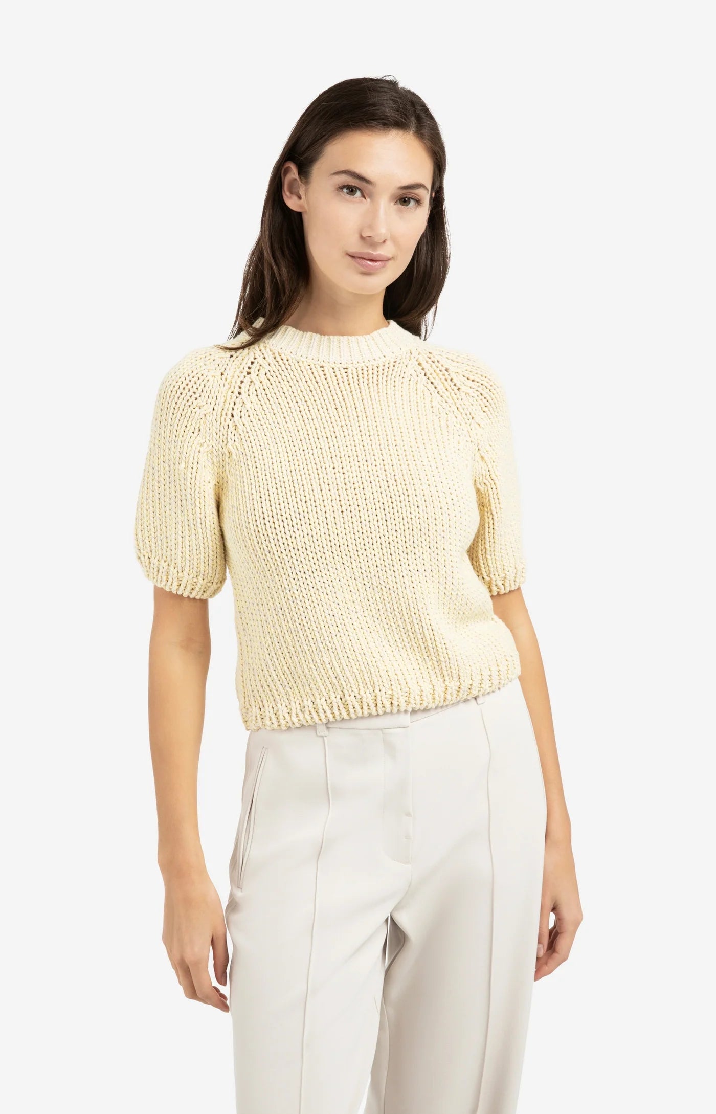 YAYA - Heavy Yarn Short Sleeve Sweater in Reed Yellow Dessin