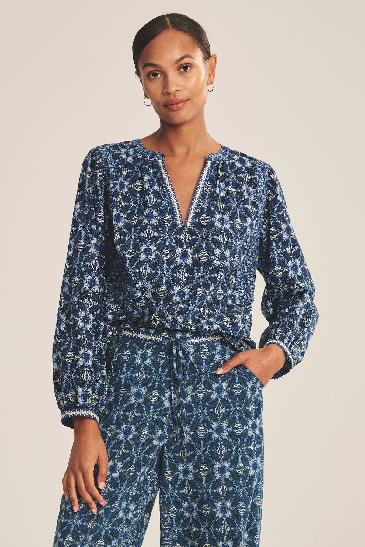 Velvet - Claudie - Handkerchief Printed Cambric Top in Navy