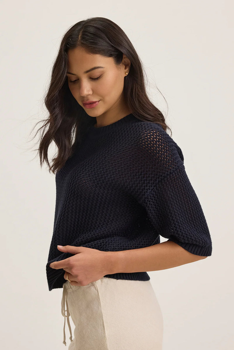 Velvet - Vienna Cotton Cashmere Mesh Sweater in Navy