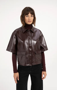 YAYA -  Cropped Faux Leather Glossy Jacket in Bitter Chocolate Red