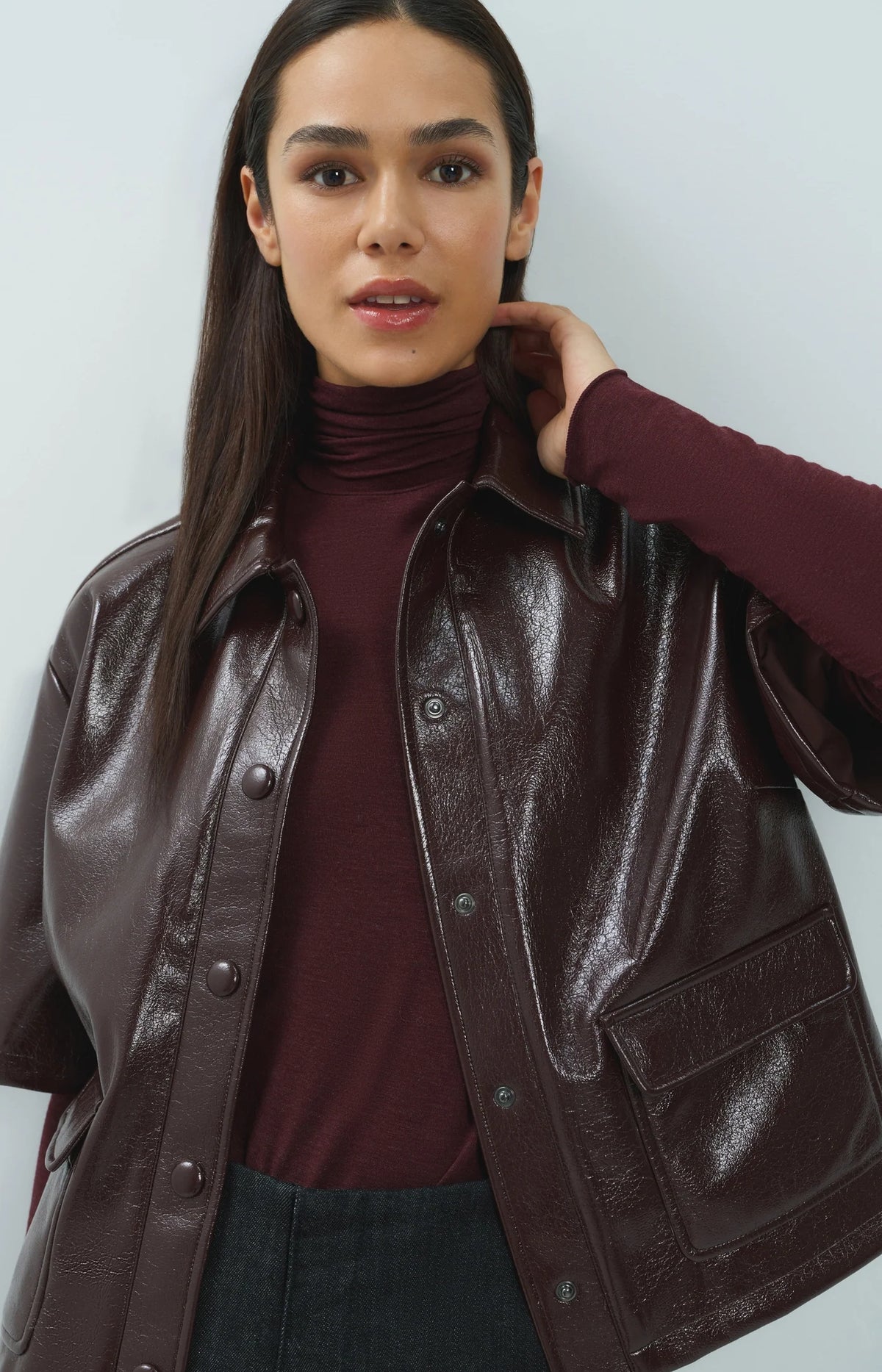 YAYA -  Cropped Faux Leather Glossy Jacket in Bitter Chocolate Red