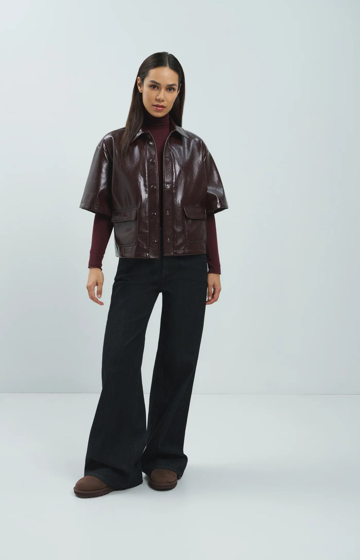 YAYA -  Cropped Faux Leather Glossy Jacket in Bitter Chocolate Red