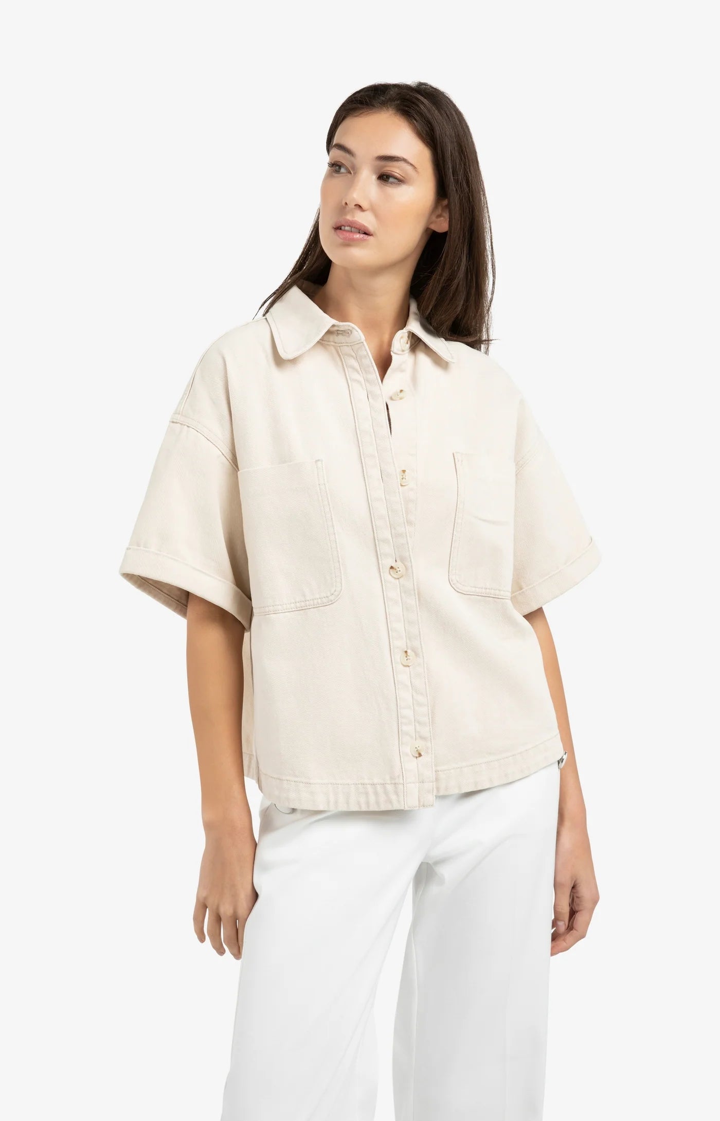 YAYA - Denim Twill Short Sleeve Jacket in Desert Beige