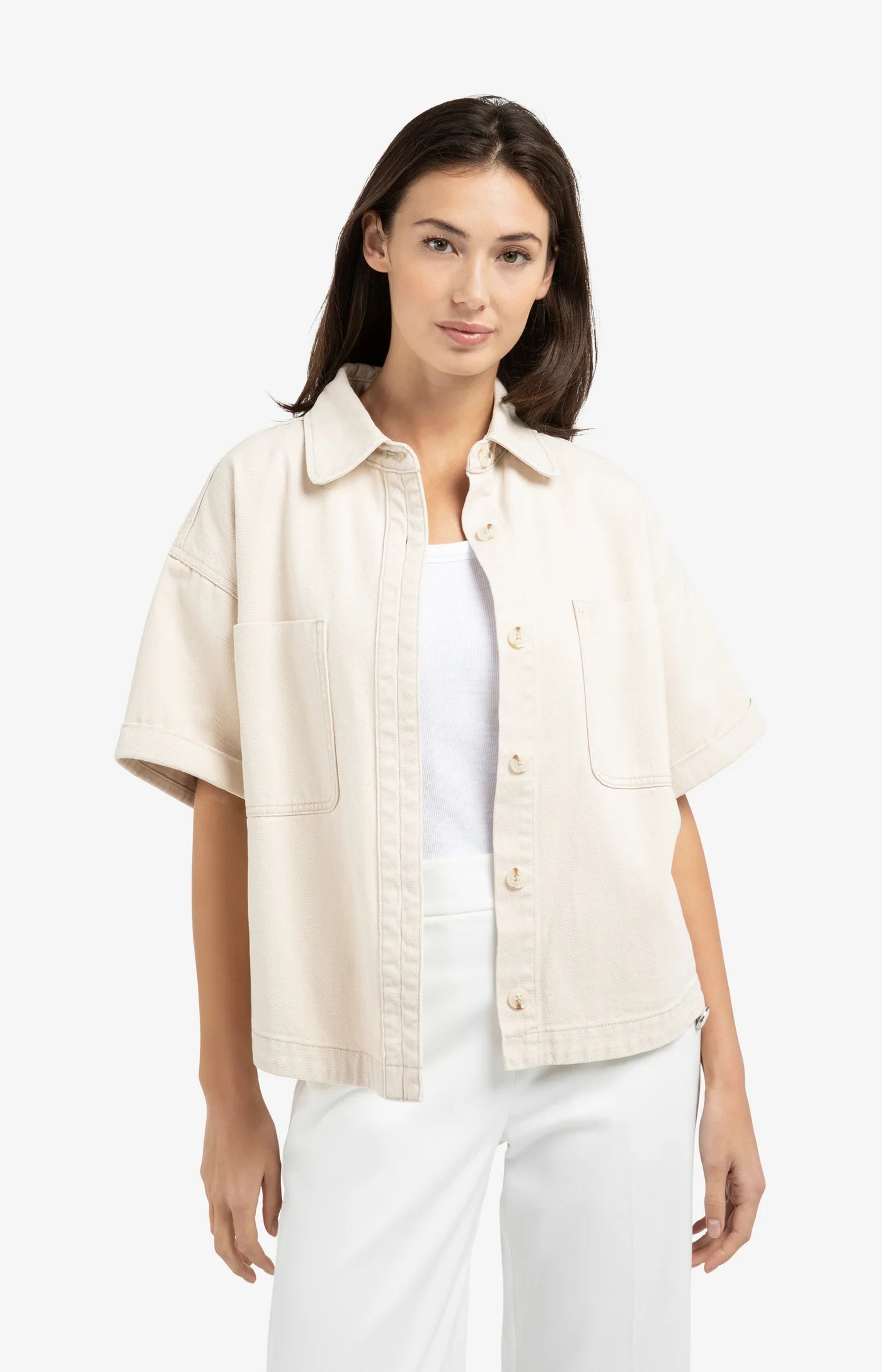 YAYA - Denim Twill Short Sleeve Jacket in Desert Beige