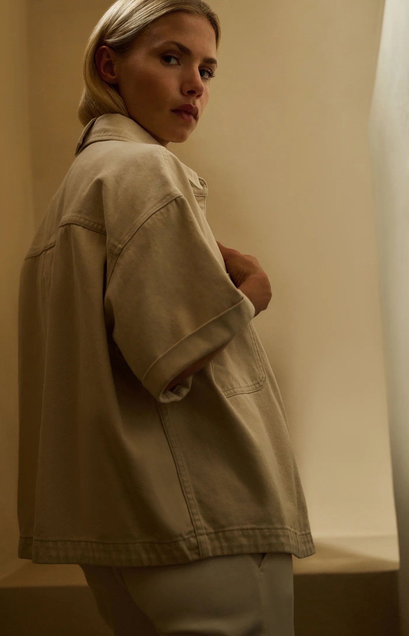 YAYA - Denim Twill Short Sleeve Jacket in Desert Beige