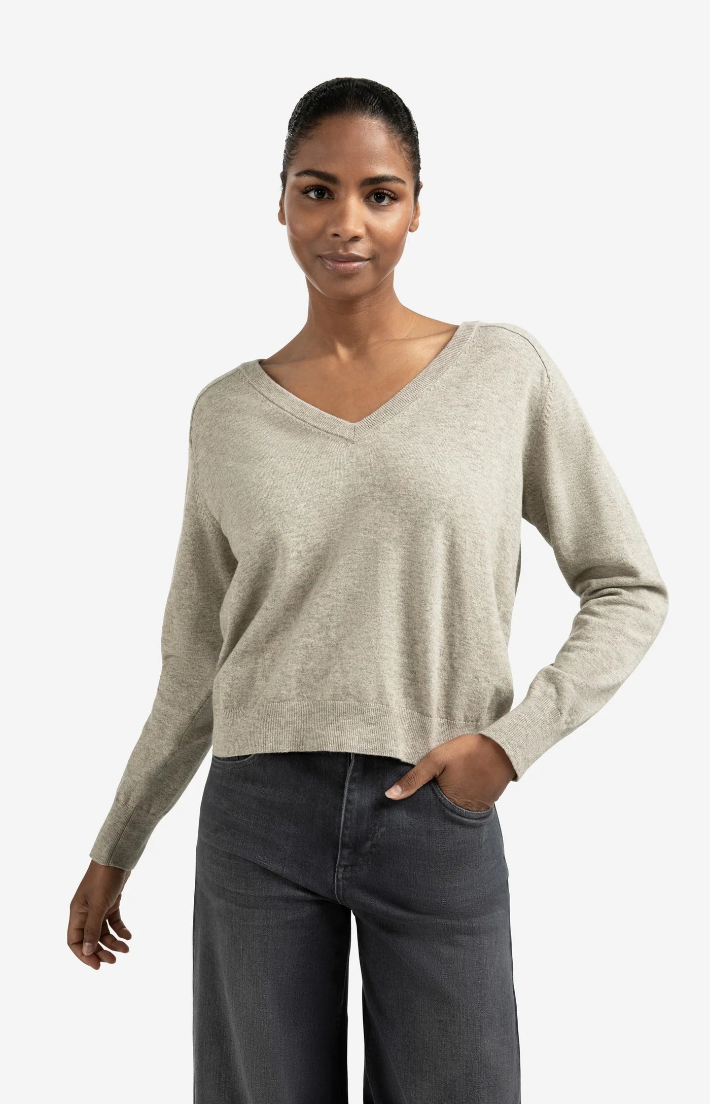 YAYA - Double V-neck Sweater with Back Button Detail in Brownish Grey