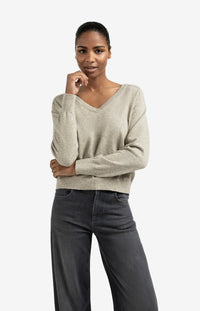 YAYA - Double V-neck Sweater with Back Button Detail in Brownish Grey