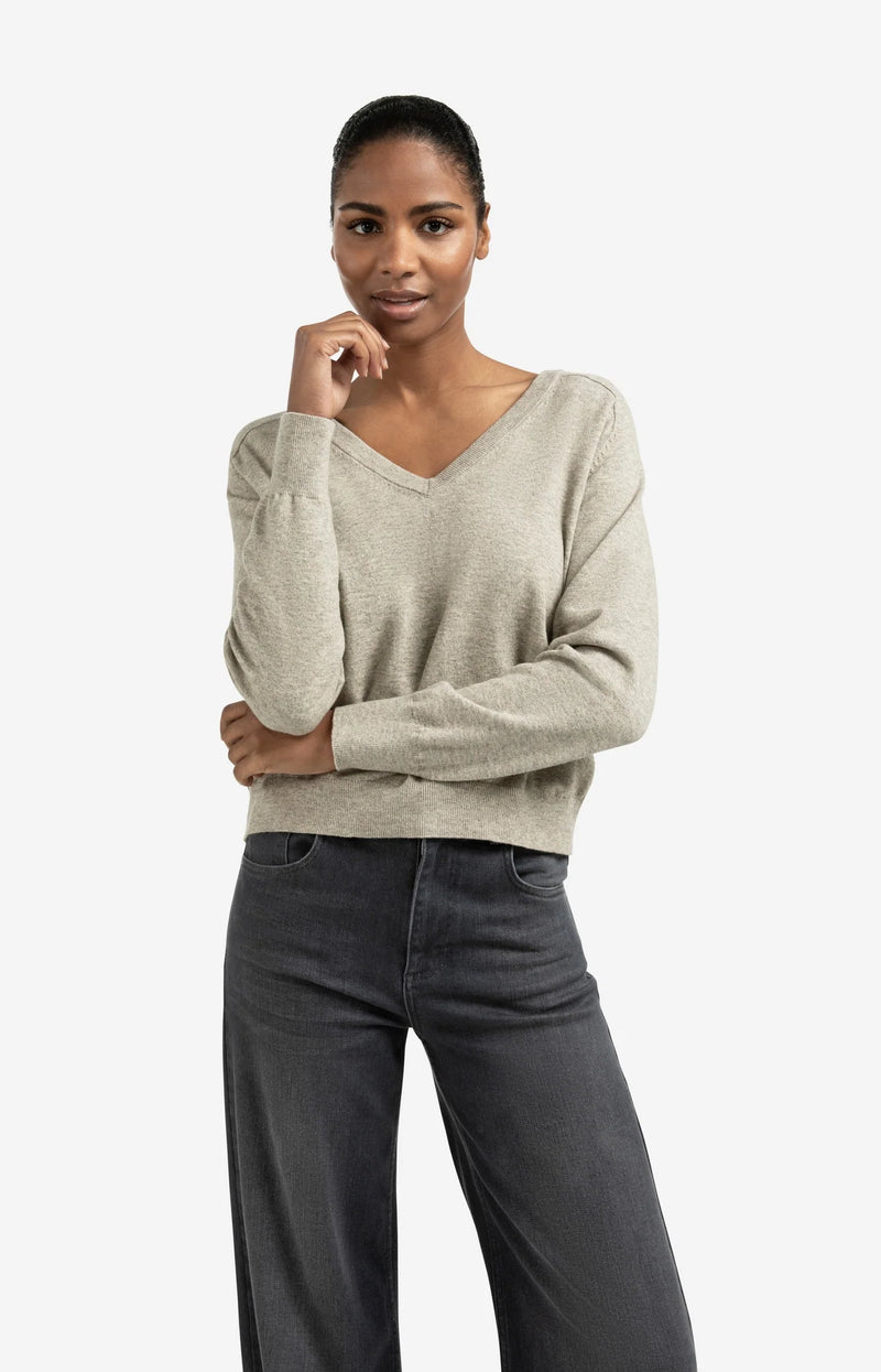 YAYA - Double V-neck Sweater with Back Button Detail in Brownish Grey