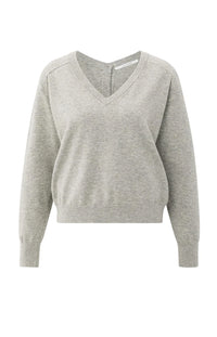 YAYA - Double V-neck Sweater with Back Button Detail in Brownish Grey