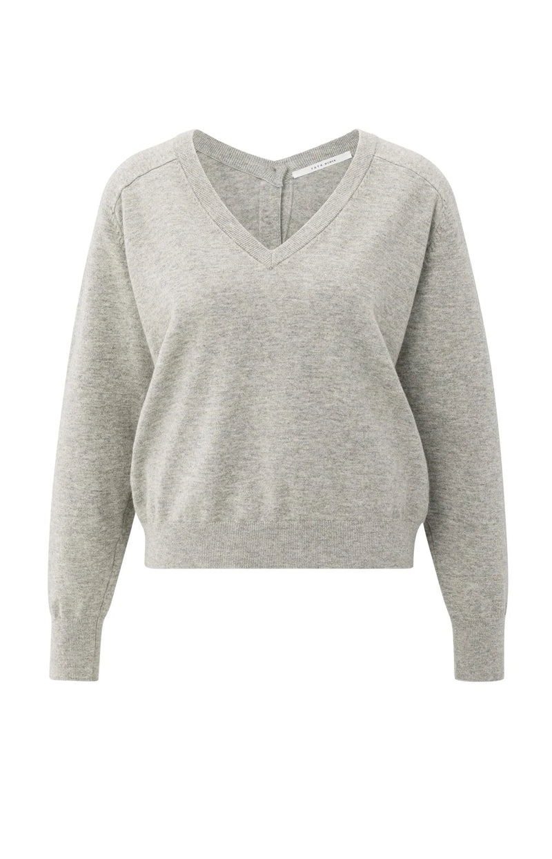 YAYA - Double V-neck Sweater with Back Button Detail in Brownish Grey