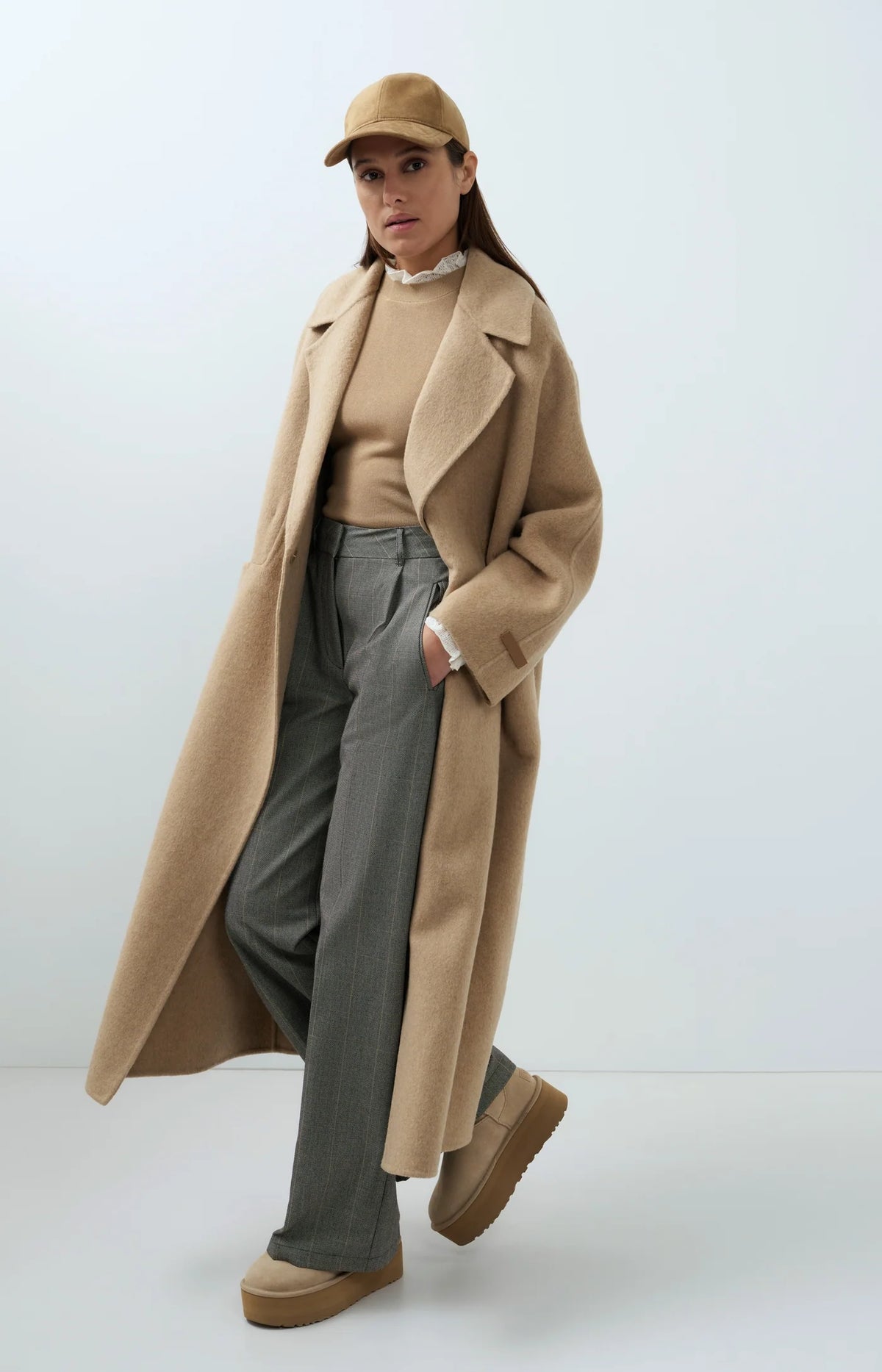 YAYA - Long Wool Blend Coat in Cornstalk Brown Melange