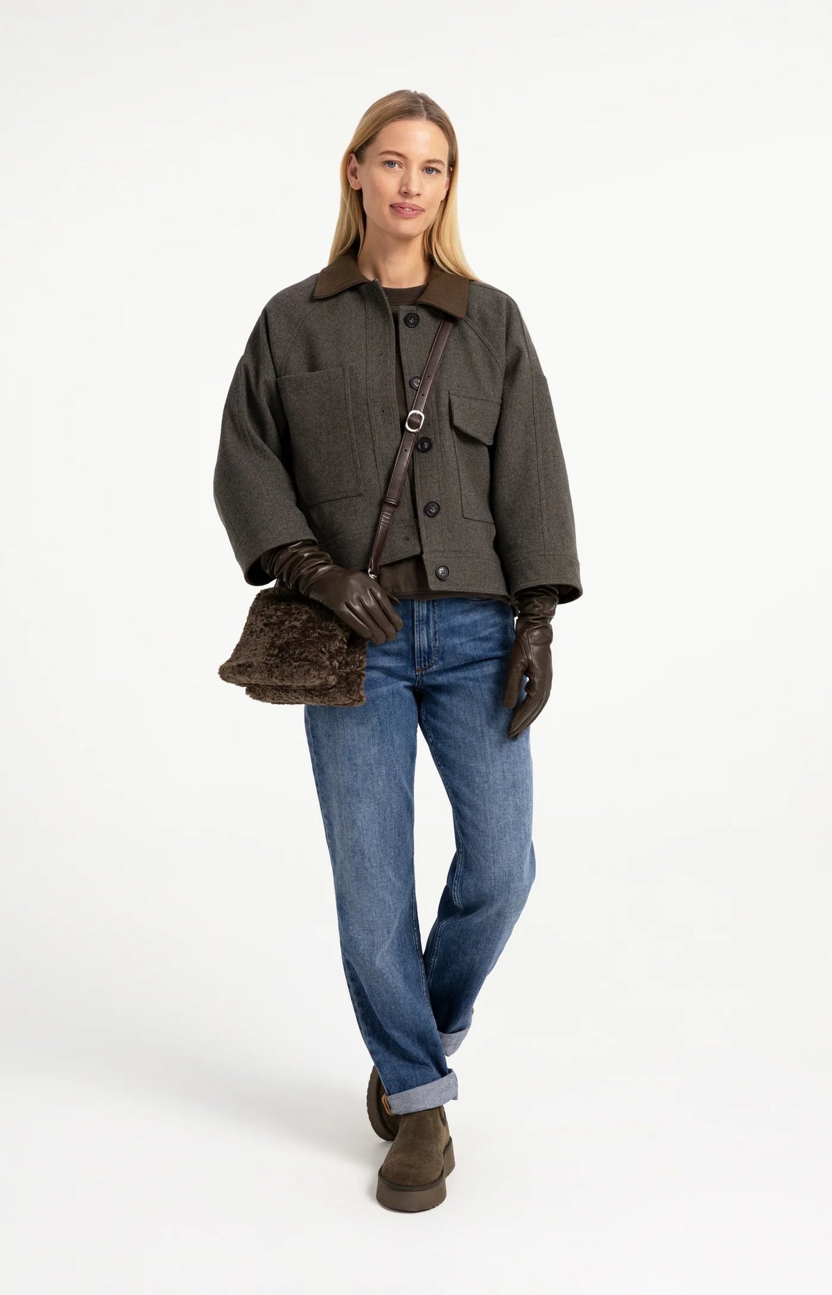 YAYA - Faux Fur Cross Body Bag in Slate Black Brown