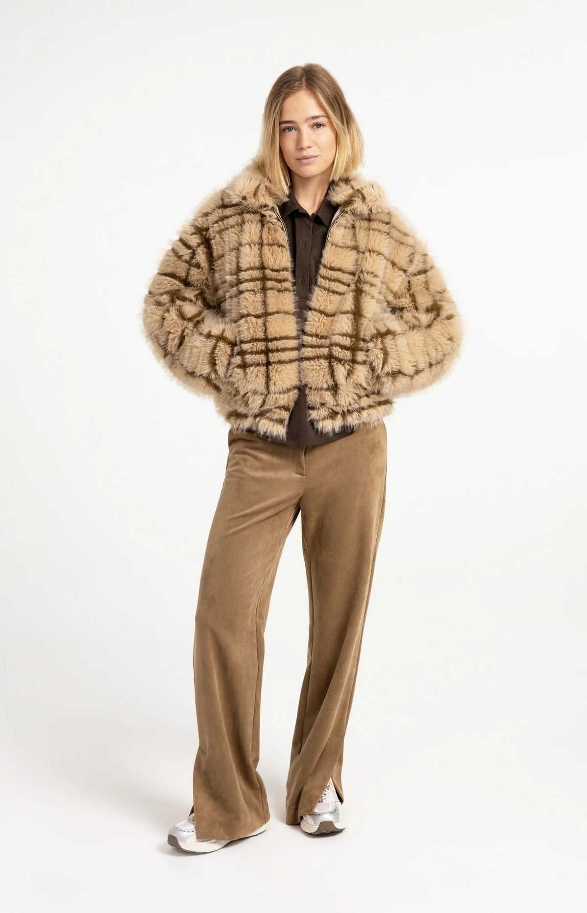 YAYA - Faux Fur Checked Jacket with Collar in Pure Cashmere Grey Dessin