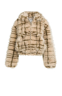 YAYA - Faux Fur Checked Jacket with Collar in Pure Cashmere Grey Dessin