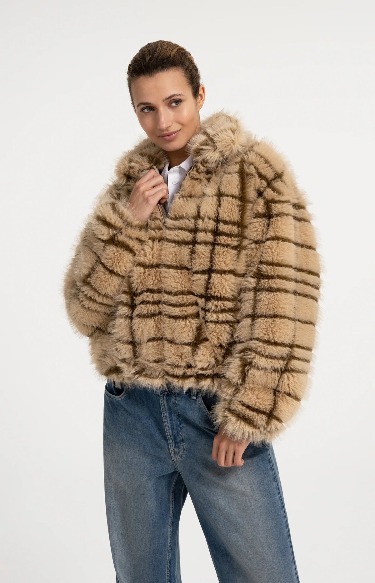 YAYA - Faux Fur Checked Jacket with Collar in Pure Cashmere Grey Dessin