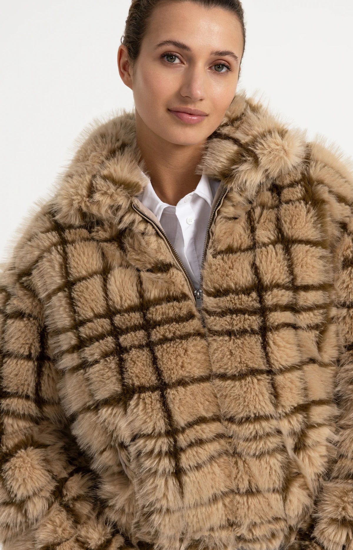 YAYA - Faux Fur Checked Jacket with Collar in Pure Cashmere Grey Dessin