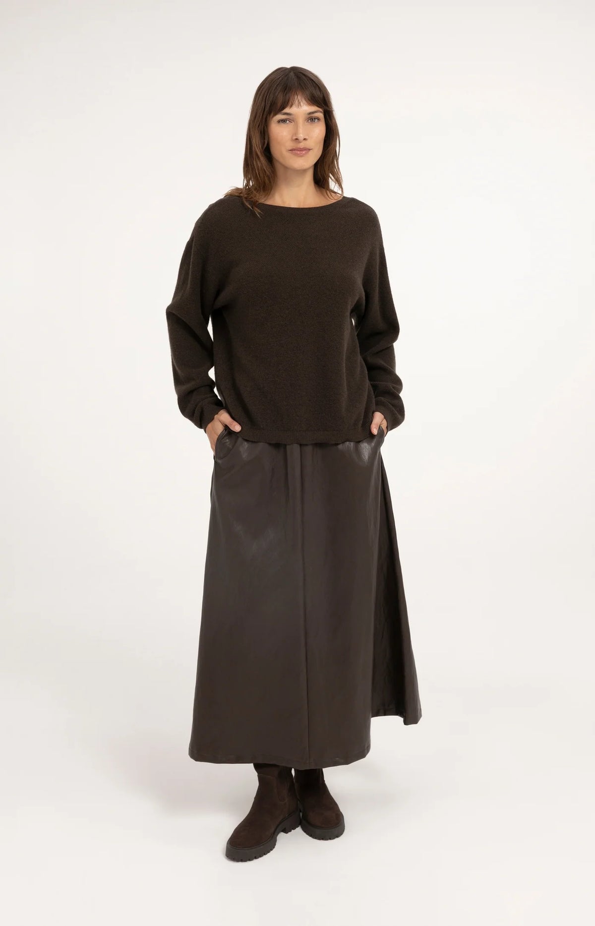 YAYA - Faux Leather Aline Midi Skirt with Pockets - Delicioso Brown