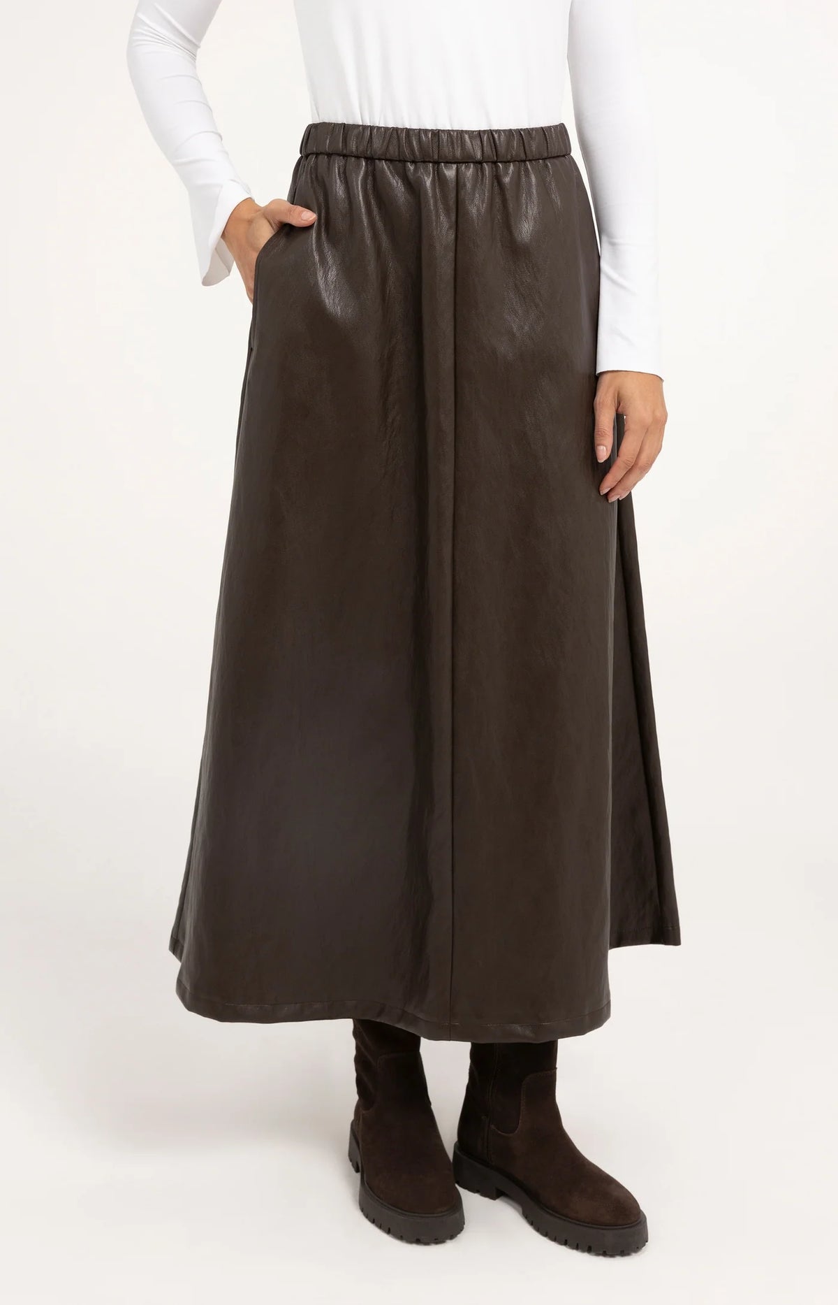 YAYA - Faux Leather Aline Midi Skirt with Pockets - Delicioso Brown