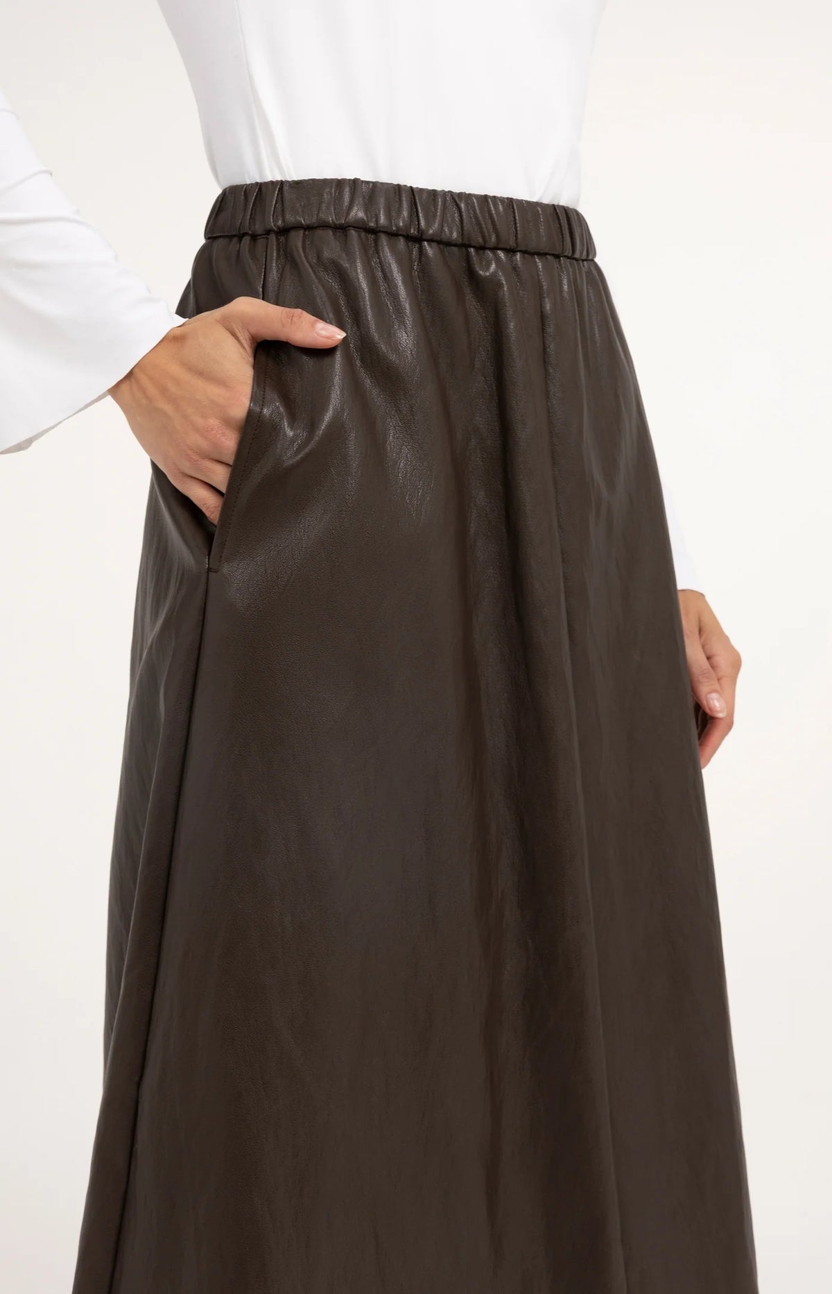 YAYA - Faux Leather Aline Midi Skirt with Pockets - Delicioso Brown