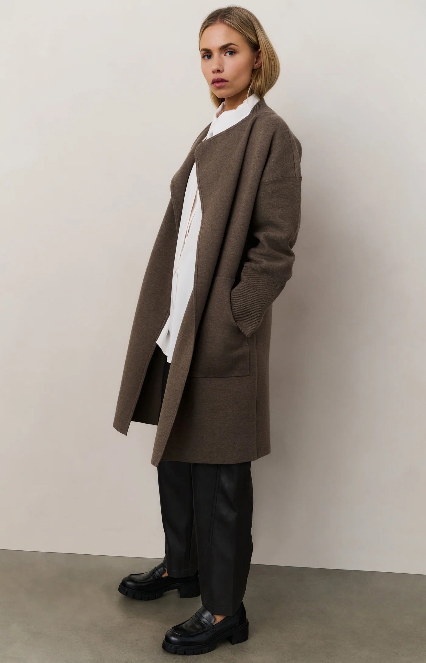 YAYA - Faux Leather Trousers with Seam Details in Anthracite Brown