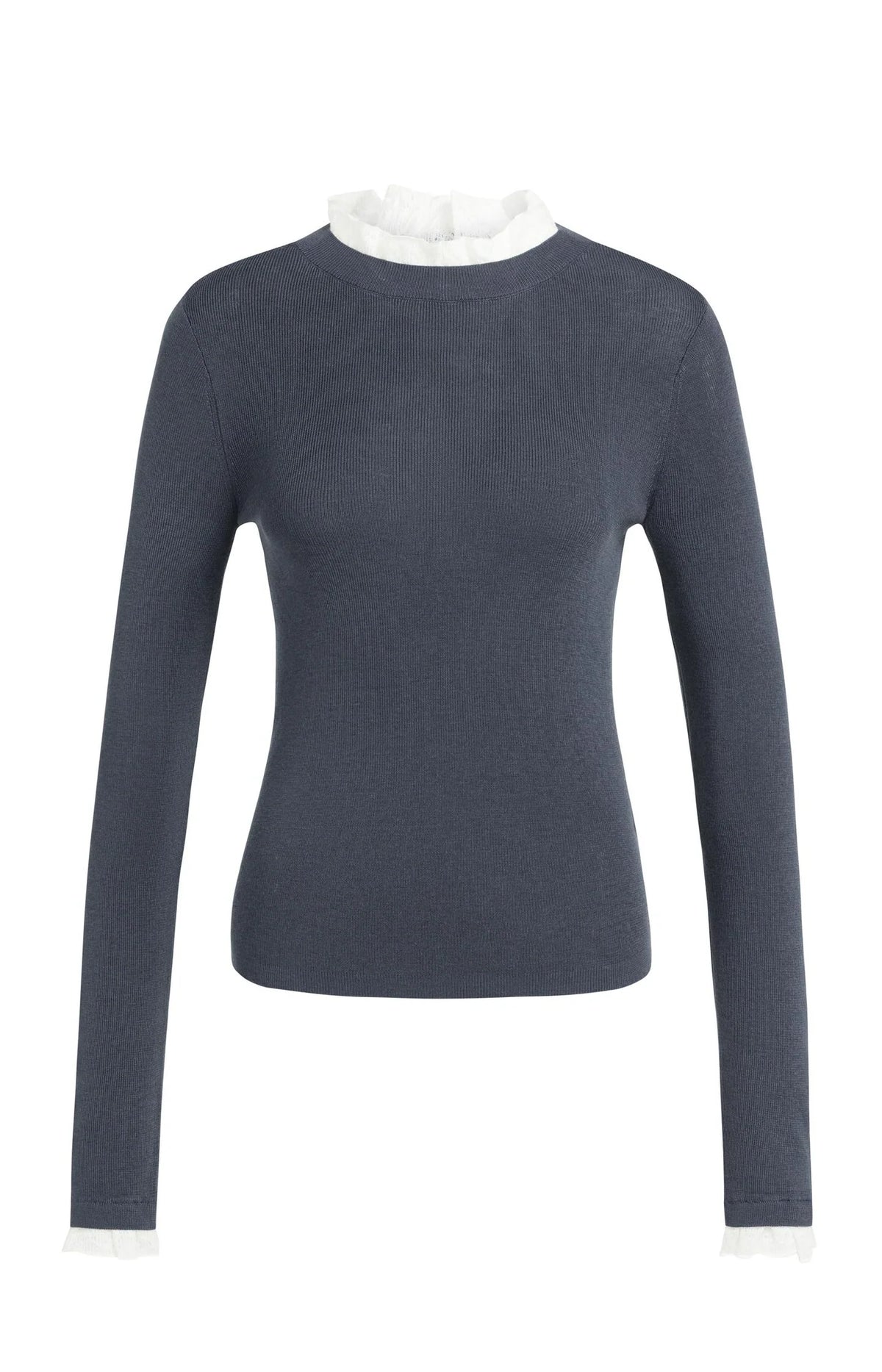 YAYA - Fitted Rib Sweater with Ruffle Detail in Odyssey Grey