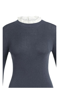 YAYA - Fitted Rib Sweater with Ruffle Detail in Odyssey Grey