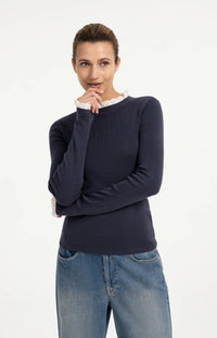 YAYA - Fitted Rib Sweater with Ruffle Detail in Odyssey Grey