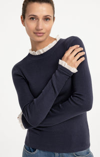 YAYA - Fitted Rib Sweater with Ruffle Detail in Odyssey Grey