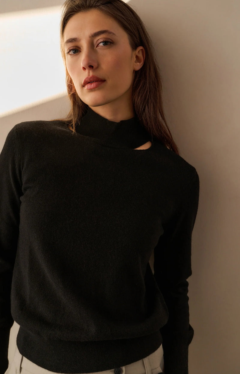 YAYA - Fine Knit Sweater with Cut-Out Neckline in Black