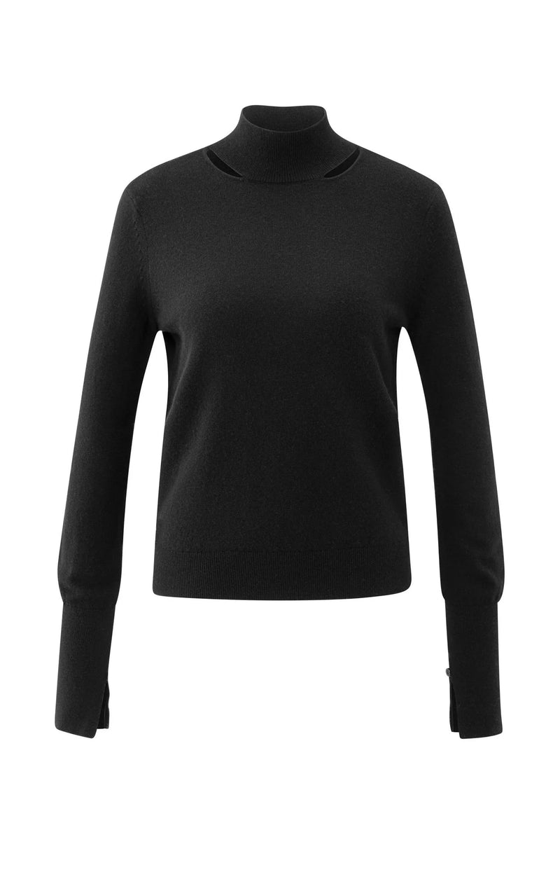 YAYA - Fine Knit Sweater with Cut-Out Neckline in Black