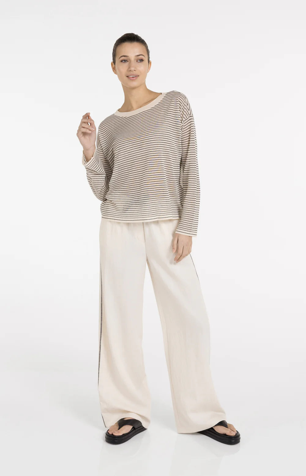 YAYA - Fine Knitted Striped Sweater in Creme Beige