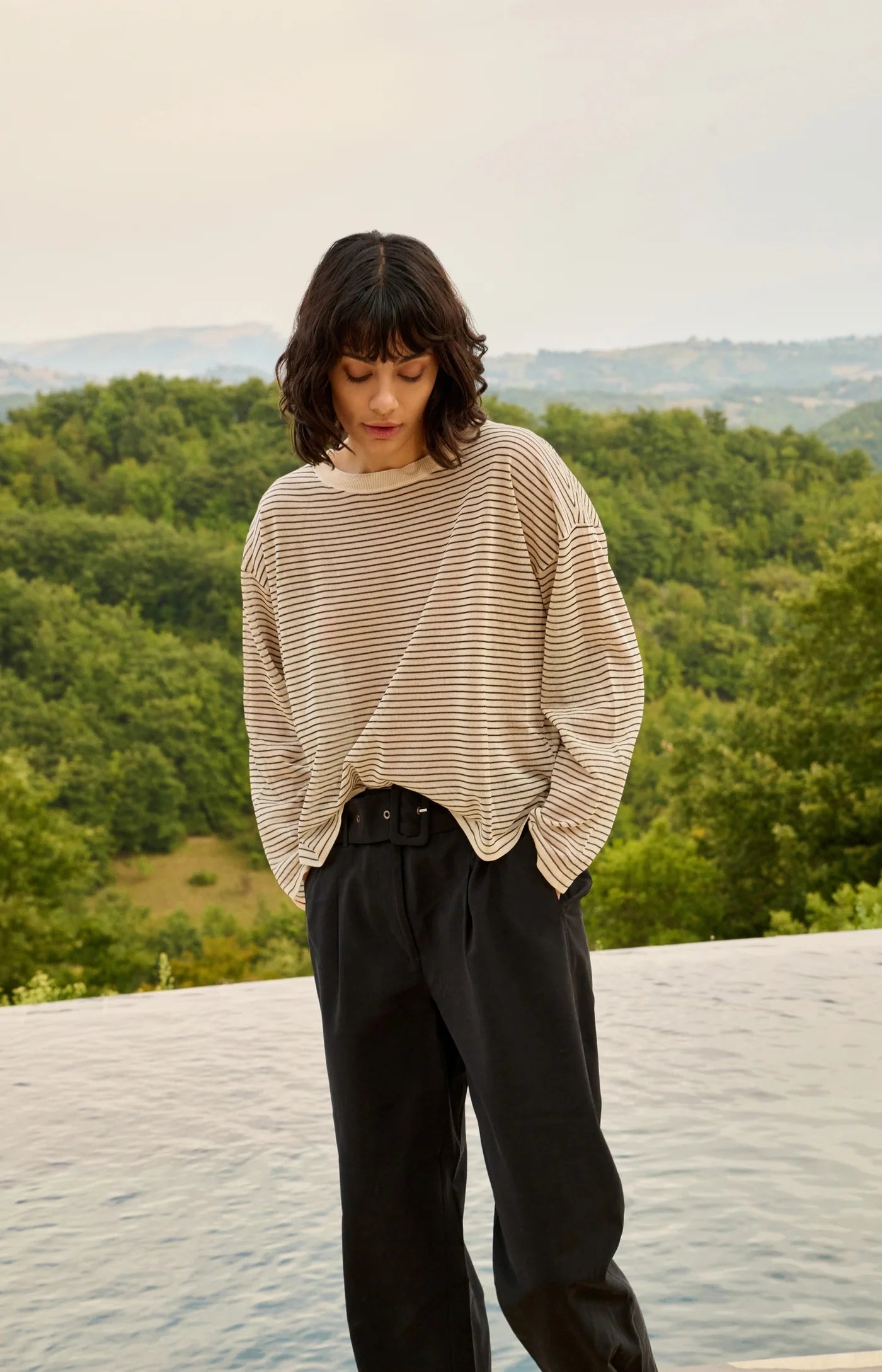YAYA - Fine Knitted Striped Sweater in Creme Beige