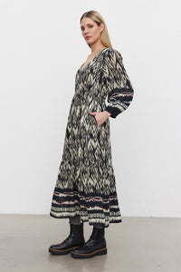 Velvet - Catherine - Ikat Viscose Dress in Black/Ecru